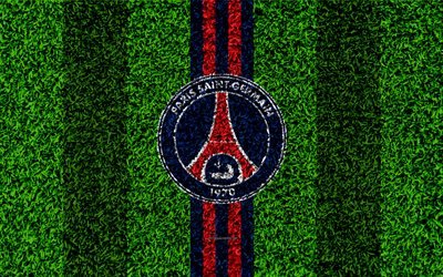 Paris Saint-Germain, 4k, fotboll gr&#228;smatta, PSG, logotyp, Franska fotbollsklubben, gr&#228;s konsistens, emblem, bl&#229; r&#246;d rader, Ligue 1, Paris, Frankrike, fotboll