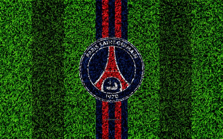 Paris Saint-Germain, 4k, jalkapallo nurmikko, PSG, logo, Ranskan football club, ruohon rakenne, tunnus, sininen punainen linjat, Ligue 1, Pariisi, Ranska, jalkapallo