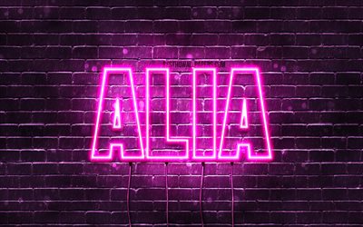 Alia, 4k, wallpapers with names, female names, Alia name, purple neon lights, horizontal text, picture with Alia name