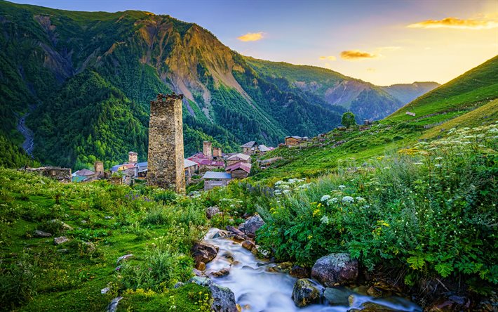 Adishi, 4k, 村, 夏, 美しい自然, 上Svaneti, ジョージア, アジア, ジョージ王朝様式の自然, 山々