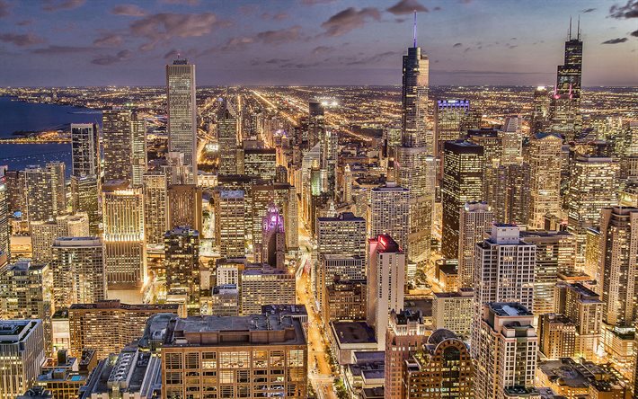 Chicago, Willis Tower, Sears Tower, 875 North Michigan Avenue, Aon Center, kv&#228;ll, sunset, skyskrapor, amerikansk stad, metropol, moderna byggnader, Chicago skyline, Illinois, USA
