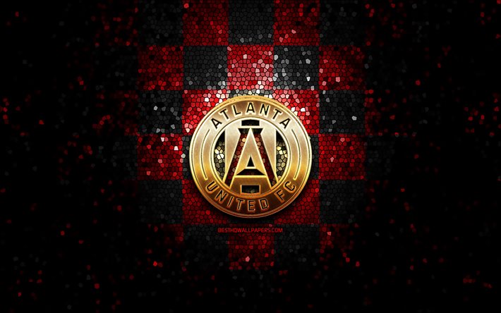 Atlanta United FC, glitter logo, İLKAY, kırmızı siyah arka plan, ABD, Amerikan futbol takımı damalı, Atlanta United, B&#252;y&#252;k Futbol Ligi, Atlanta Amerika Birleşik logo, mozaik sanatı, futbol, Amerika