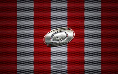 Carolina Hurricanes logo, American hockey club, metal emblem, red and white metal mesh background, Carolina Hurricanes, NHL, Raleigh, North Carolina, USA, hockey