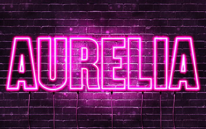 Aurelia, 4k, pap&#233;is de parede com os nomes de, nomes femininos, Aurelia nome, roxo luzes de neon, texto horizontal, imagem com Aurelia nome