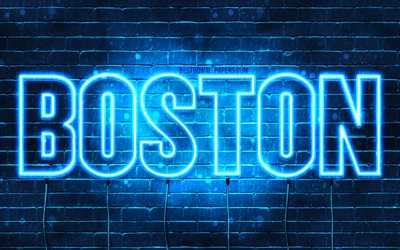 Boston, 4k, wallpapers with names, horizontal text, Boston name, blue neon lights, picture with Boston name