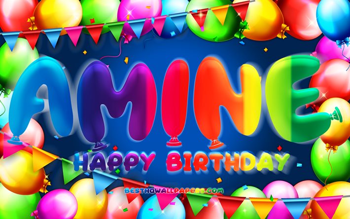 Happy Birthday Amine, 4k, colorful balloon frame, Amine name, blue background, Amine Happy Birthday, Amine Birthday, popular french male names, Birthday concept, Amine