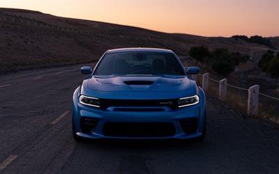 2020, Dodge Charger SRT, Hellcat Widebody, Daytona 50th Anniversary Edition, front view, sports sedan, tuning Charger, new blue Charger, american cars, Dodge