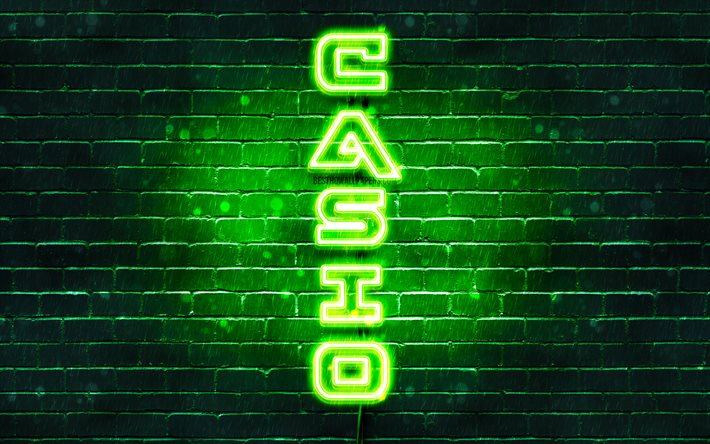 4K, Casio green logo, vertical text, green brickwall, Casio neon logo, creative, Casio logo, artwork, Casio