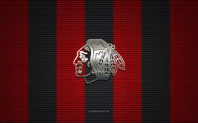 chicago blackhawks logo, american hockey club -, metall-emblem, red-black-metal-mesh-hintergrund, chicago blackhawks, nhl, chicago, illinois, usa, hockey