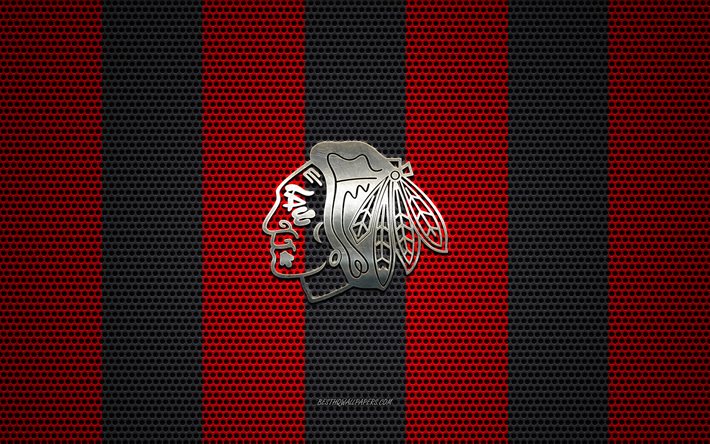 Chicago Blackhawks-logo, American hockey club, metalli-tunnus, punainen-musta metalli mesh tausta, Chicago Blackhawks, NHL, Chicago, Illinois, USA, j&#228;&#228;kiekko