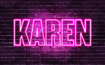 Karen, 4k, wallpapers with names, female names, Karen name, purple neon lights, horizontal text, picture with Karen name