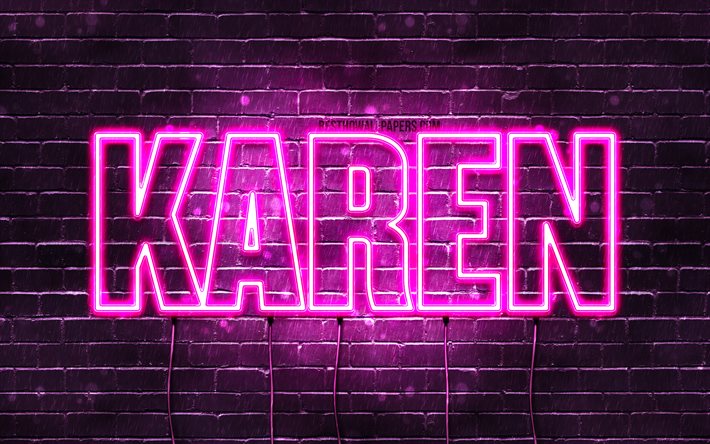 Karen, 4k, tapeter med namn, kvinnliga namn, Karen namn, lila neon lights, &#246;vergripande text, bild med Karen namn