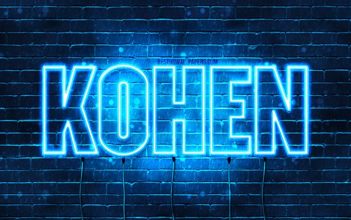 Kohen, 4k, fondos de pantalla con los nombres, el texto horizontal, Kohen nombre, luces azules de ne&#243;n, imagen con Kohen nombre