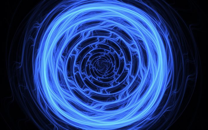青色のネオン渦, 黒い背景, 青色のネオン界, 創造的流動の背景