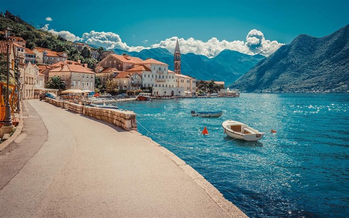 Perast, Kyrkan St Nicholas, sommar, vacker stad, kusten, resor, Adriatiska havet, Montenegro