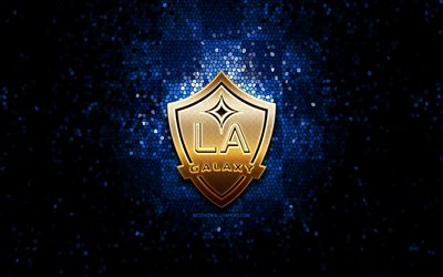 Los Angeles Galaxy FC, glitter logo, MLS, blue checkered background, USA, american soccer team, Los Angeles Galaxy, Major League Soccer, Los Angeles Galaxy logo, mosaic art, soccer, football, America, LA Galaxy