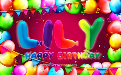 Felice Compleanno di Lily, 4k, palloncino colorato telaio, Lily nome, sfondo viola, Giglio di buon Compleanno, Compleanno di Lily, popolare francese nomi di donna, Compleanno, concetto, Lily