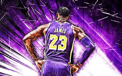 LeBron James, 4k, back view, grunge art, Los Angeles Lakers, NBA, violet uniform, basketball stars, LeBron Raymone James Sr, violet abstract rays, LeBron James 4K, basketball, LA Lakers, creative, LeBron James Lakers