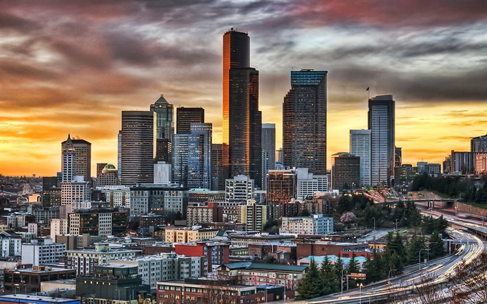 Columbia Center, Seattle, Smith Tower, kv&#228;ll, sunset, Seattle skyskrapor, moderna byggnader, Seattle stadsbilden, skyline, Washington, USA