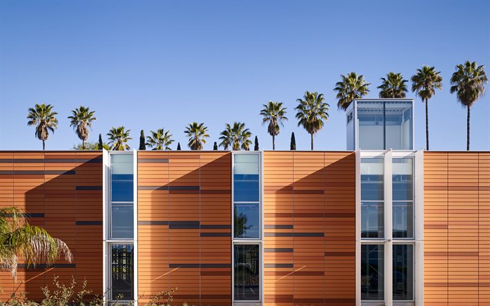 Palomar College, San Diego, California, las palmeras, edificio de madera de la fachada, Palomar Community College District
