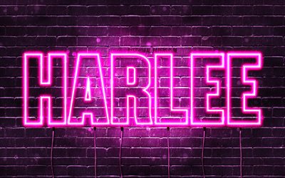 Harlee, 4k, wallpapers with names, female names, Harlee name, purple neon lights, horizontal text, picture with Harlee name