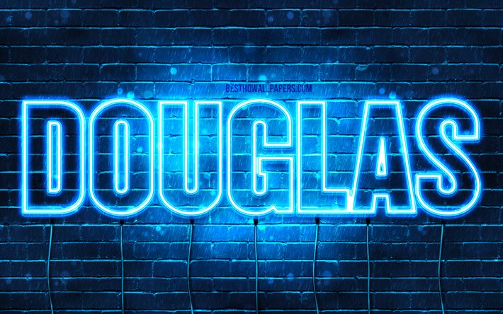 Douglas, 4k, sfondi per il desktop con i nomi, il testo orizzontale, Douglas nome, neon blu, immagine con nome Douglas
