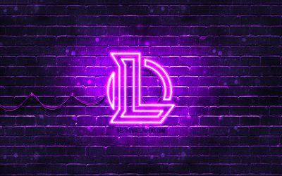 League of Legends violet logo, LoL, 4k, violet brickwall, League of Legends logo, 2020 games, League of Legends neon logo, League of Legends, LoL logo