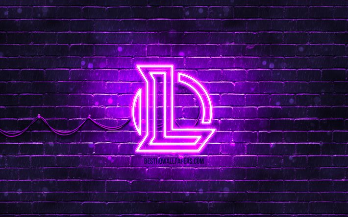 League of Legends violette logo, LoL, 4k, violet brickwall, League of Legends logo, jeux de 2020, League of Legends n&#233;on logo, League of Legends, LoL logo