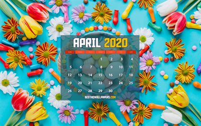 April 2020 Calendar, 4k, Easter frame, 2020 calendar, spring calendars, April 2020, creative, April 2020 calendar with flowers, Calendar April 2020, Easter, artwork, 2020 calendars, 2020 April Calendar