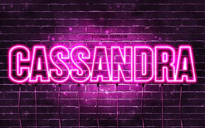 Cassandra, 4k, wallpapers with names, female names, Cassandra name, purple neon lights, horizontal text, picture with Cassandra name