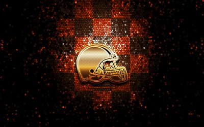 Cleveland Browns, glitter logo, NFL, orange brown checkered background, USA, american football team, Cleveland Browns logo, mosaic art, american football, America