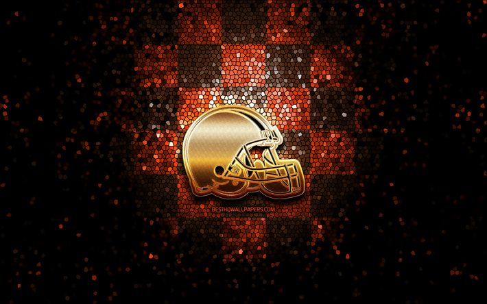 Cleveland Browns, glitter logotyp, NFL, orange brun rutig bakgrund, USA, amerikansk fotboll, Cleveland Browns logotyp, mosaik konst, Amerika