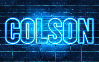 Colson, 4k, wallpapers with names, horizontal text, Colson name, blue neon lights, picture with Colson name