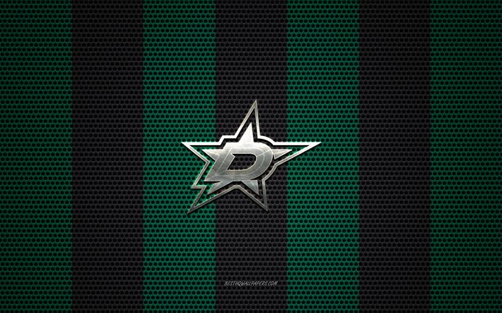Dallas Stars logo, American hockey club, metalli-tunnus, vihre&#228;-musta metalli mesh tausta, Dallas Stars, NHL, Dallas, Texas, USA, j&#228;&#228;kiekko