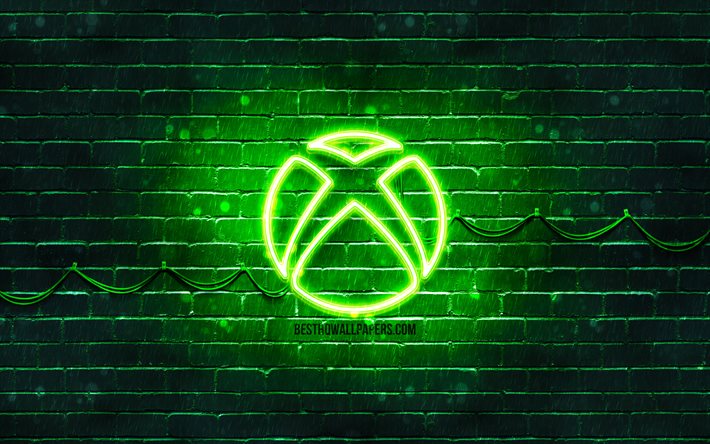 Xbox gr&#246;n logotyp, 4k, gr&#246;na brickwall, Xbox logotyp, varum&#228;rken, Xbox neon logotyp, Xbox