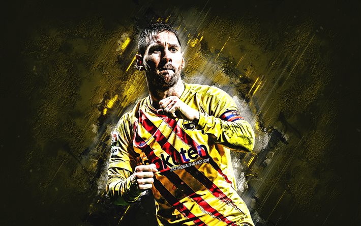 Lionel Messi, FC Barcelona, football world star, Barcelona yellow uniform, portrait, argentinian soccer player, La Liga, Champions League, yellow stone background, football, Leo Messi