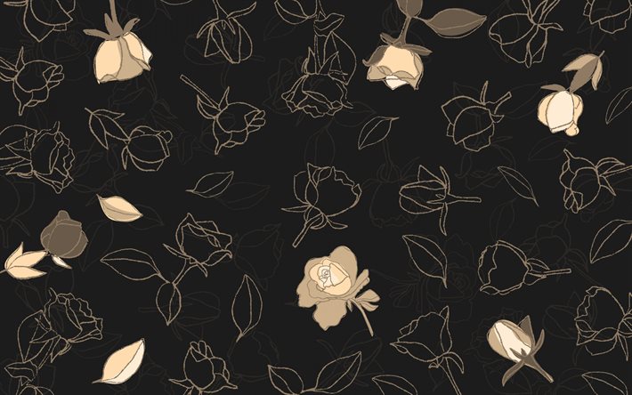 schwarze retro textur mit rosen, floralen retro-textur, rosen-textur, retro-rosen-hintergrund, schwarzer hintergrund mit goldenen rosen, rose ornamente
