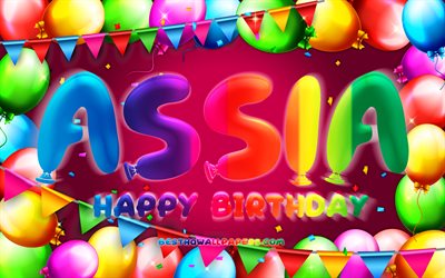 お誕生日おめでAssia, 4k, カラフルバルーンフレーム, Assia名, 紫色の背景, Assiaお誕生日おめで, Assia誕生日, 人気のフランスの女性の名前, 誕生日プ, ヘッセ