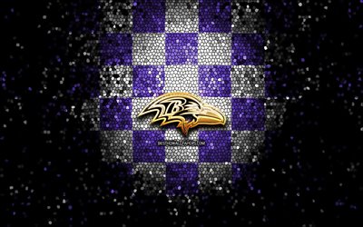 Baltimore Ravens, glitter logo, NFL, violet white checkered background, USA, american football team, Baltimore Ravens logo, mosaic art, american football, America