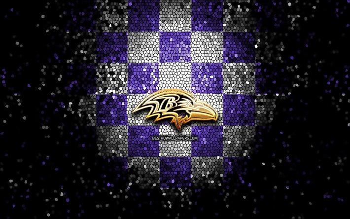 Baltimore Ravens, glitter-logo, NFL, violetti valkoinen ruudullinen tausta, USA, amerikkalainen jalkapallo joukkue, Baltimore Ravens-logo, mosaiikki taidetta, amerikkalainen jalkapallo, Amerikassa