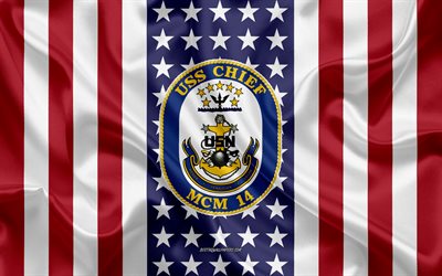 USS Chief Emblem, MCM-14, American Flag, US Navy, USA, USS Chief Badge, US warship, Emblem of the USS Chief