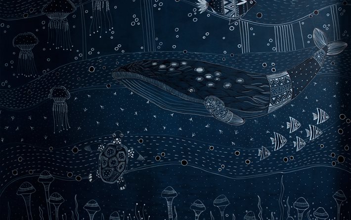 marine blue texture, underwater world texture, background with whales, retro sea texture, background with sea inhabitants, ocean animals background