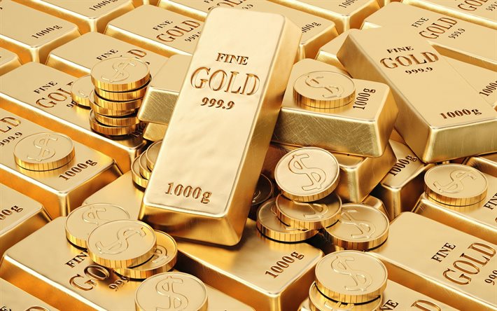 las barras de oro, lingotes de oro, finanzas conceptos, oro, dinero, monedas de oro, fondo con oro