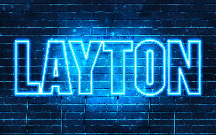 Layton, 4k, fondos de pantalla con los nombres, el texto horizontal, Layton nombre, luces azules de ne&#243;n, de la imagen con el nombre de Layton