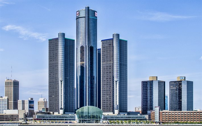 Marriott Detroit, Renaissance Center, Detroit, arranha-c&#233;us, edif&#237;cios modernos, centros de neg&#243;cios, Michigan, EUA, Detroit paisagem urbana