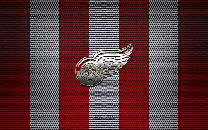 Detroit Red Wings logo, American hockey club, metal emblem, red and white metal mesh background, Detroit Red Wings, NHL, Detroit, MI, hockey