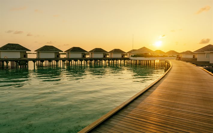 Maldivas, por la noche, el amanecer, el mar, bungalow, casas sobre el agua, islas tropicales, viajes de verano