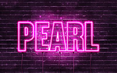 Pearl, 4k, wallpapers with names, female names, Pearl name, purple neon lights, horizontal text, picture with Pearl name