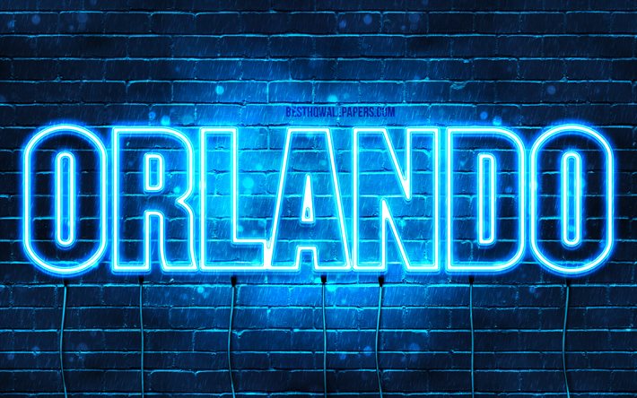 Orlando, 4k, fondos de pantalla con los nombres, el texto horizontal, Orlando nombre, luces azules de ne&#243;n, de la imagen con el nombre de Orlando