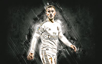 Eden Hazard, Real Madrid, Belgian footballer, portrait, gray stone background, attacking midfielder, La Liga, Spain, football